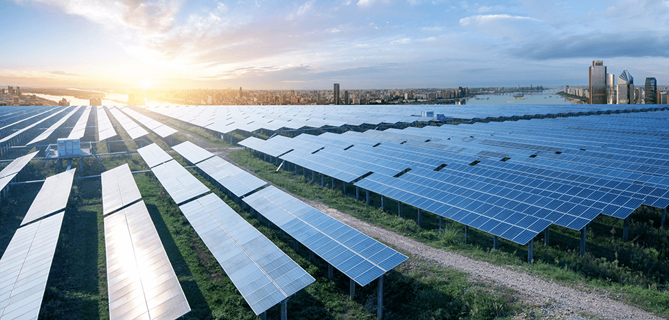 Rows of Solor Panels with Sun Backdrop